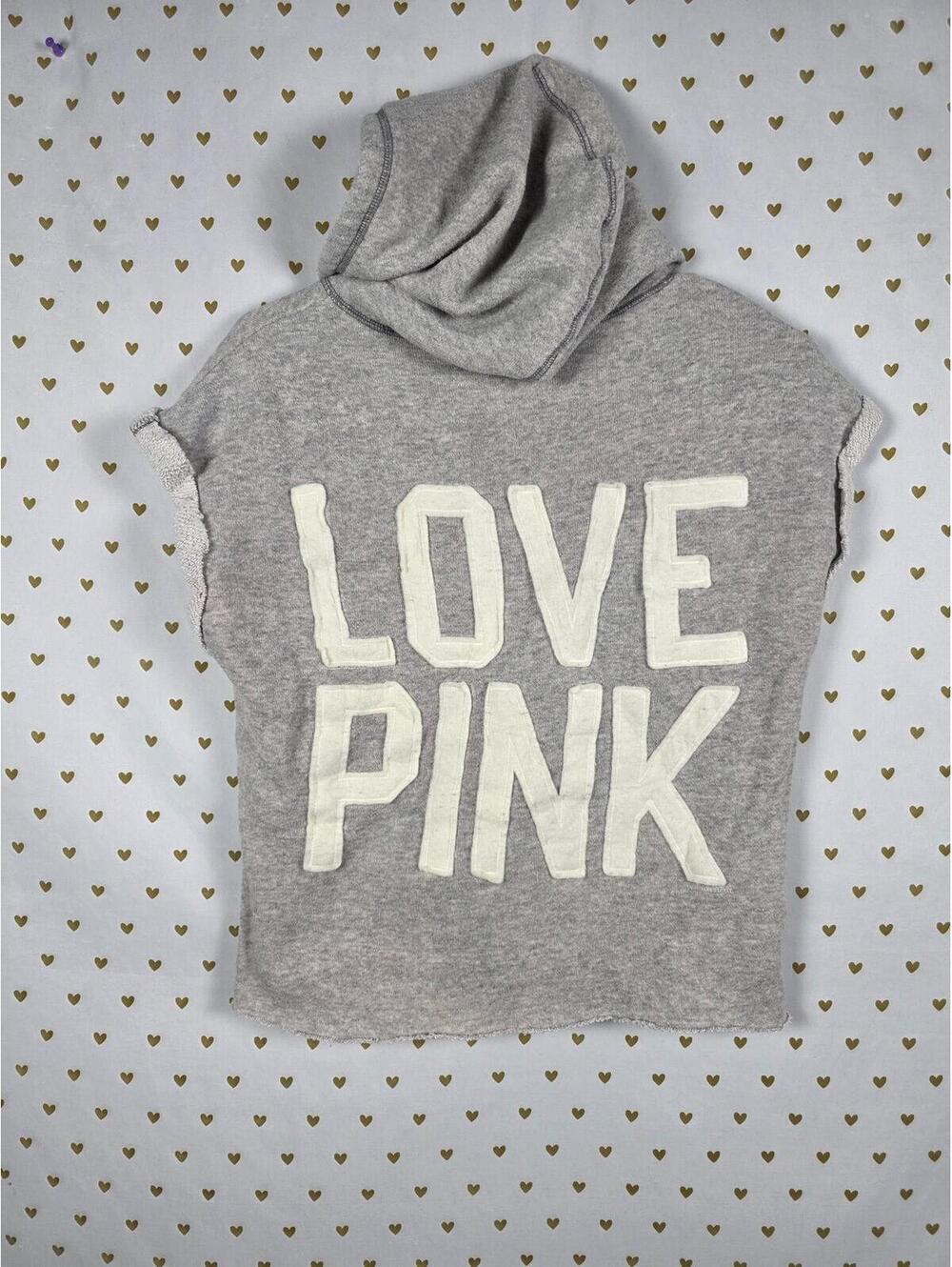 Victorias Secret Pink Vintage Sleeveless Sweater Hooded Embroidered Logo Shirt S